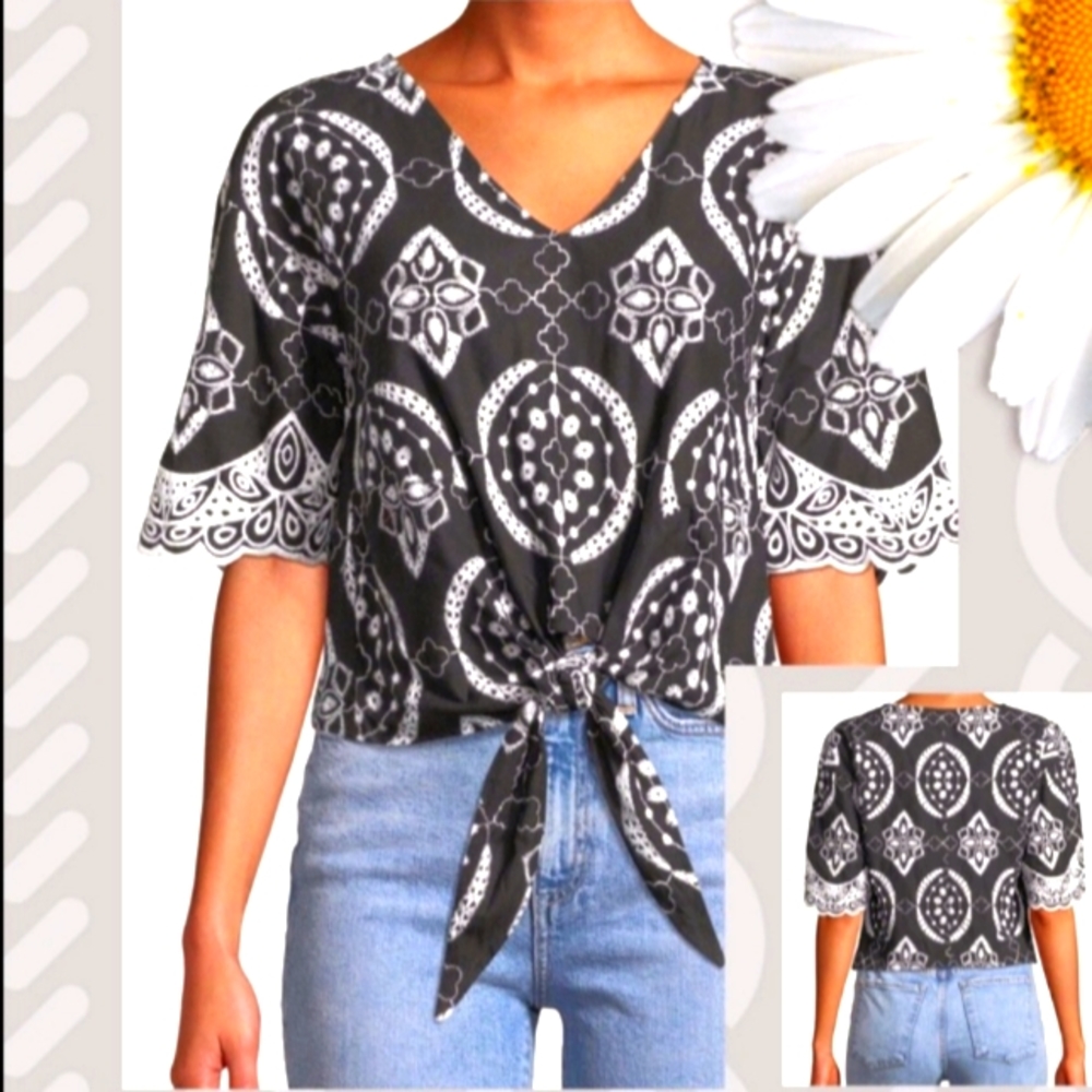 FREE GENERATION Embroidered Eyelet Tie Top NWT